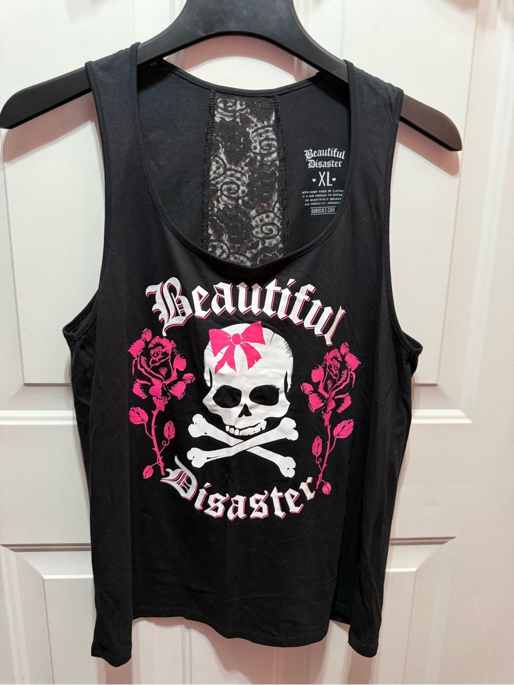 Beautiful Disaster Women's Black Tank with Pink Skull & Rose Graphic. XL